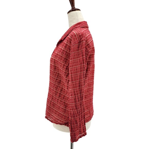 Cut Loose Womens XS Top Linen Blend Crinkle Plaid Red Long Sleeve Button Down - Picture 3 of 8